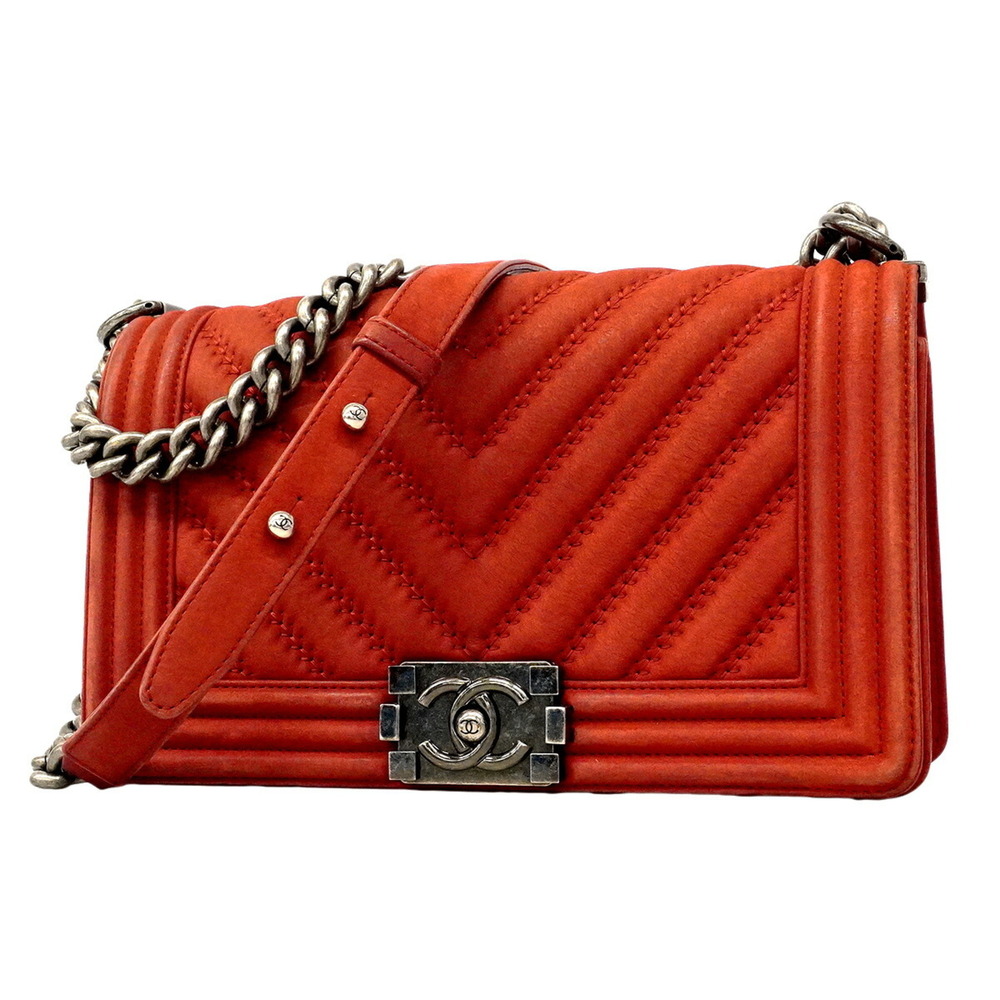Chanel Boy Shoulder Bag, V-stitch Chain Leather, Red, Women's